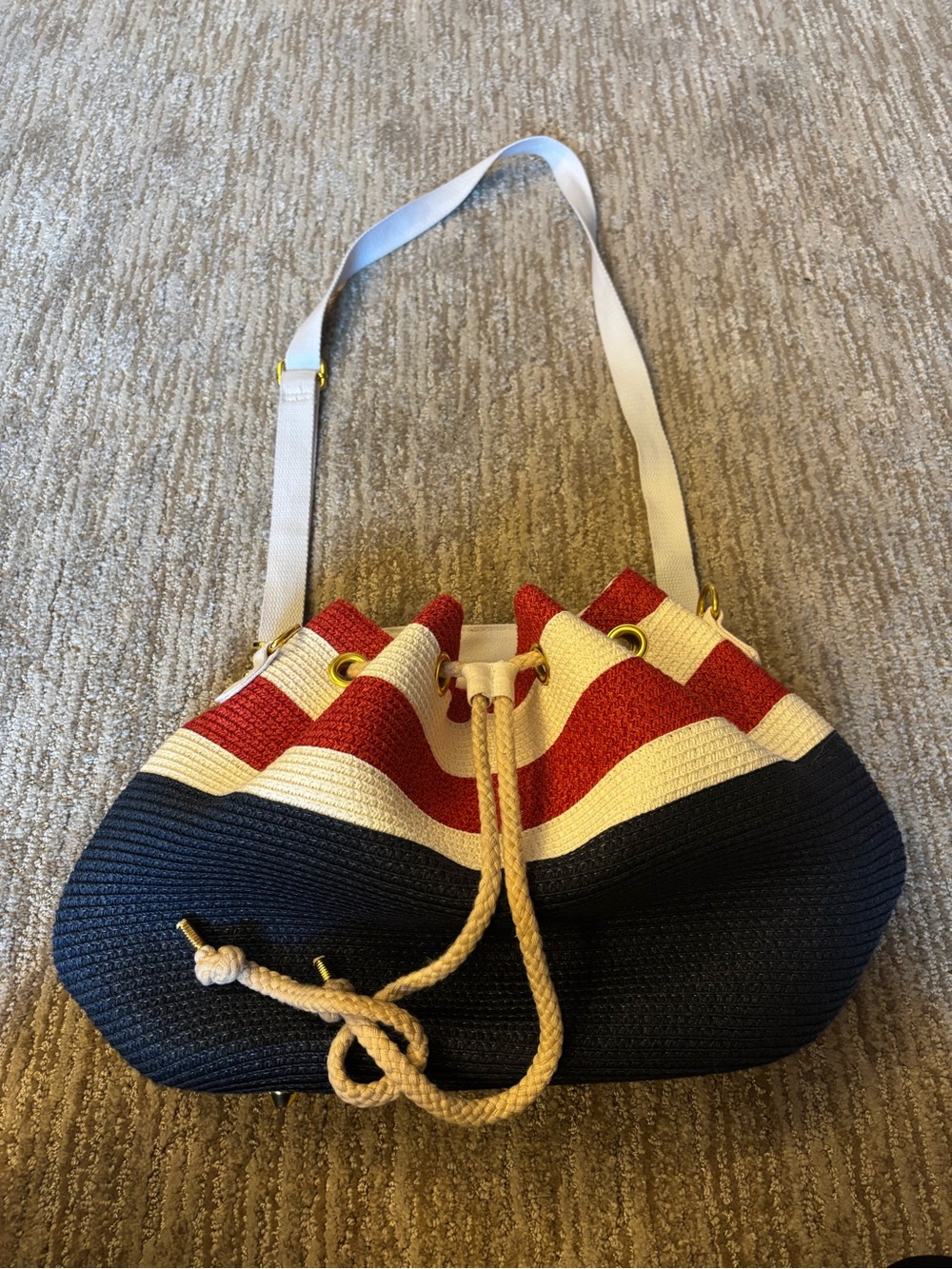 New Striped Rope-Drawstring Shoulder Bag - Navy, Red & White